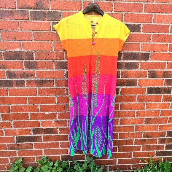 Vintage 70s Rainbow Sunset Caftan Dress w/ Tropical Grass Print – M/L Boho - Picture 7 of 7